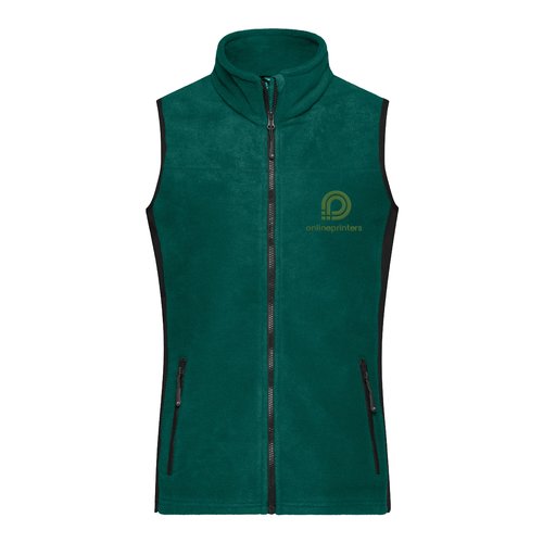Dark green polyester fleece vest with full zipper and pockets.