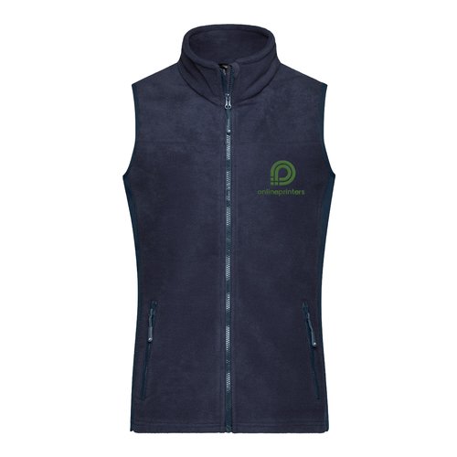 Navy blue polyester fleece vest with full zipper and side pockets.