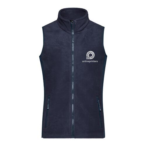 Navy blue polyester fleece vest with full zipper and side pockets.
