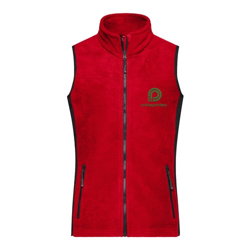 Red polyester fleece vest for women with a full zipper.