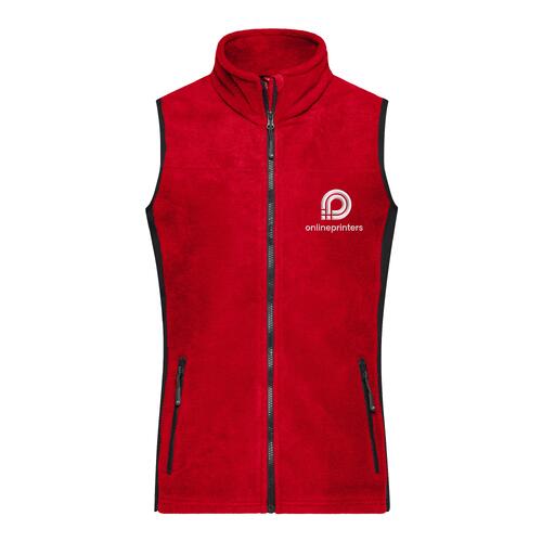 Red polyester fleece vest for women with a full zipper.