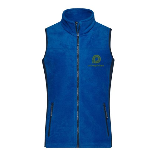 Blue polyester fleece vest for women with full zipper and pockets.