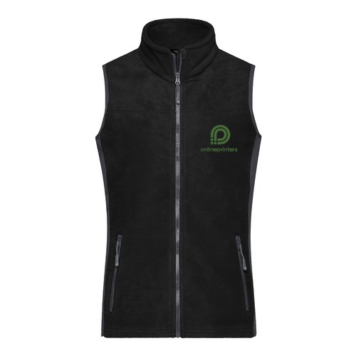 Black and gray polyester fleece vest with a full zipper.