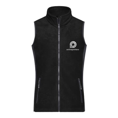 Black and gray polyester fleece vest with a full zipper.