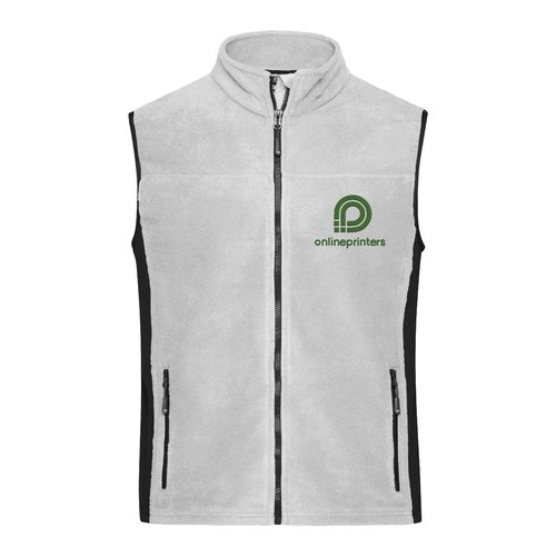 White/grey polyester fleece vest with zipper and side pockets for women.