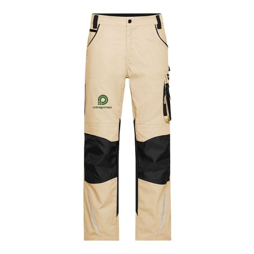 Beige/black work trousers in polyester-cotton blend with pockets.