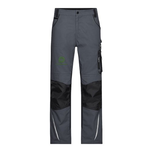 Dark gray/black work trousers in polyester-cotton blend with pockets.
