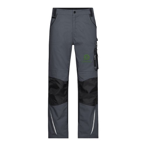 Dark gray/black work trousers in polyester-cotton blend with multiple pockets.