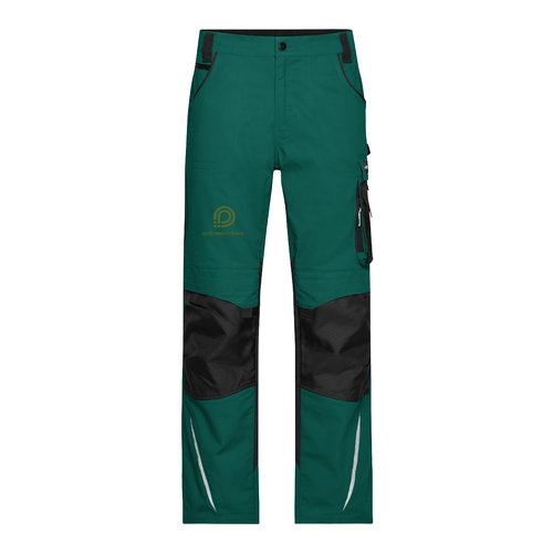 Dark green/black polyester-cotton work trousers with pockets.