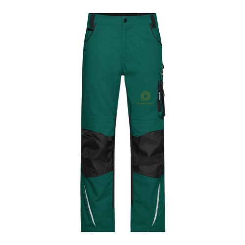 Dark green/black polyester-cotton work trousers with pockets.