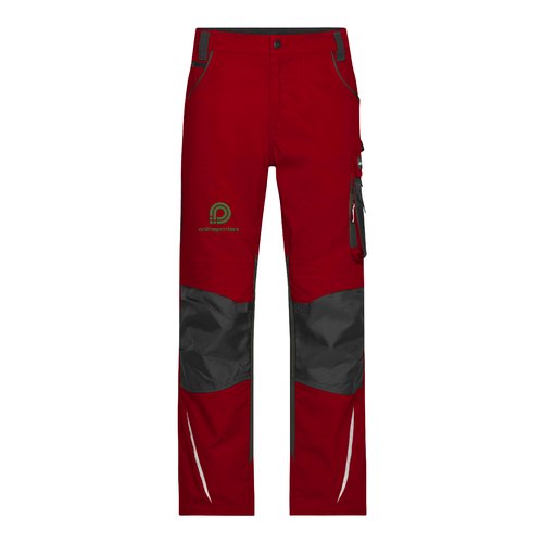 Red and black work trousers in a polyester-cotton blend, featuring multiple pockets.