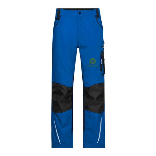 Blue polyester-cotton blend work trousers in a relaxed fit with pockets.