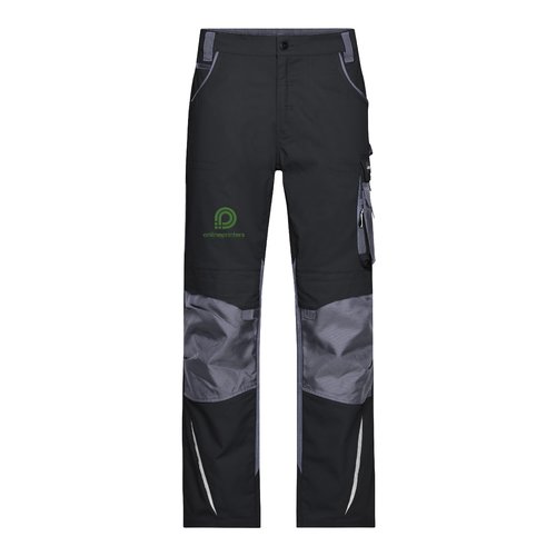 Black work trousers made of durable material with multiple pockets.