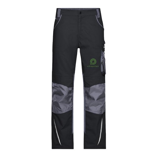 Patterned work trousers with pockets and reinforced knee areas.
