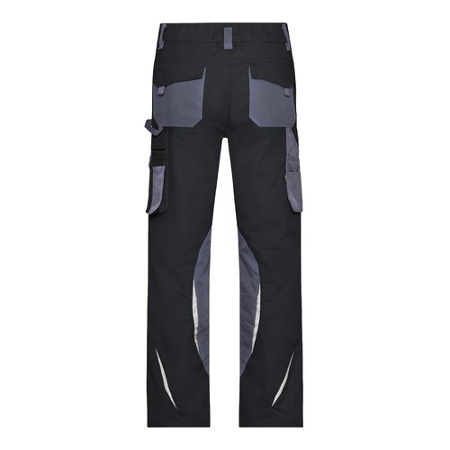 Black and gray work trousers made of polyester and cotton with multiple pockets.