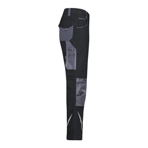 Black and gray work trousers made of polyester-cotton blend with multiple pockets.