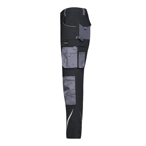Black and gray work trousers in polyester-cotton blend with multiple pockets.