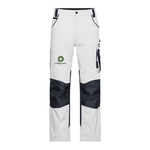 White/grey work trousers made of polyester and cotton with pockets.