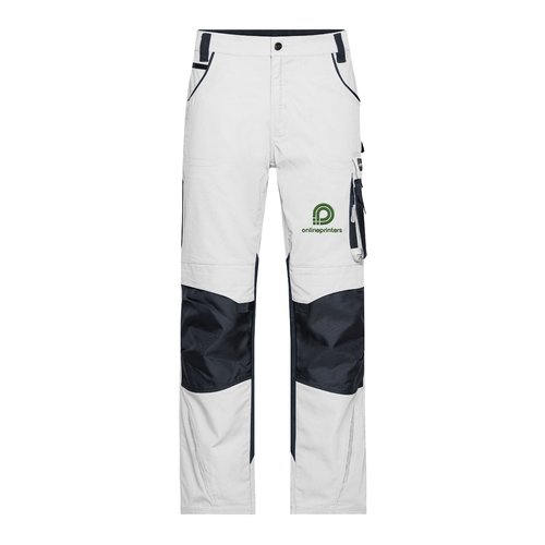 White/grey polyester and cotton work trousers with pockets and reinforced knees.