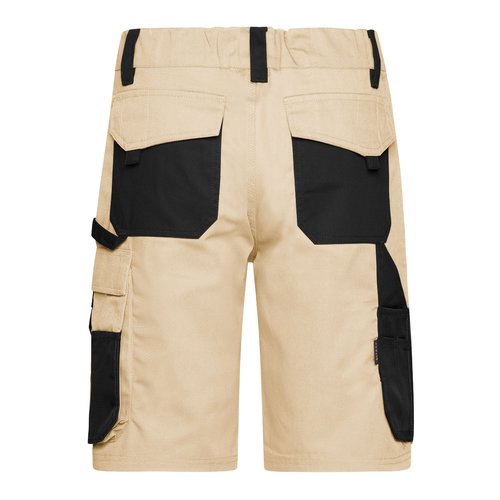 Beige/Black cotton blend work shorts with multiple pockets.
