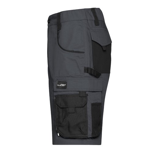 Dark gray/black polyester-cotton shorts with multiple pockets.