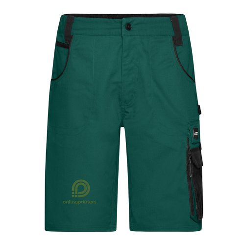 Green work shorts made of durable material with multiple pockets.