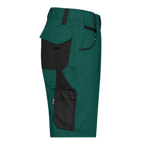 Dark green/black polyester-cotton shorts with multiple pockets.