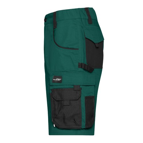 Dark green/Black polyester-cotton blend work shorts with multiple pockets.