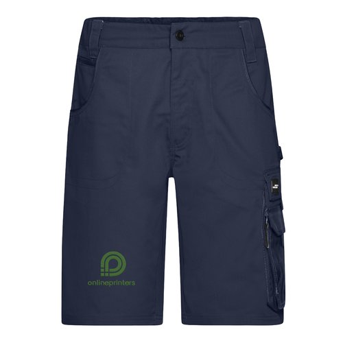 Navy blue polyester-cotton blend shorts with multiple pockets.
