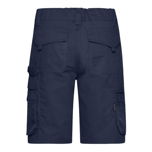 Navy blue work shorts made from polyester-cotton blend with multiple pockets.