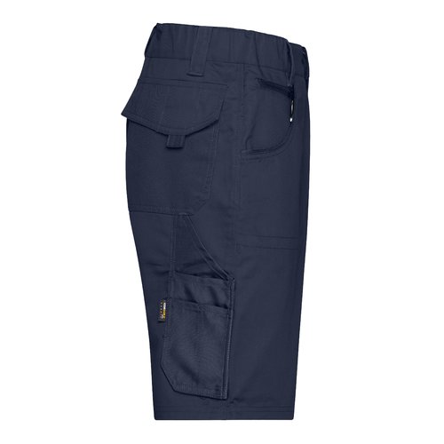 Navy blue cotton blend shorts with multiple pockets.