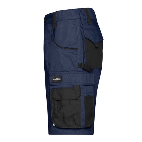 Navy blue work shorts in a polyester-cotton blend with multiple pockets.