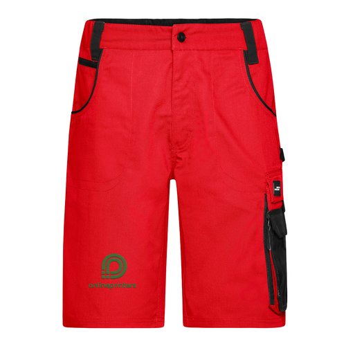 Red polyester-cotton blend work shorts with multiple pockets.