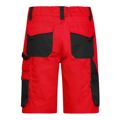 Red and black work shorts made of polyester-cotton blend with multiple pockets.