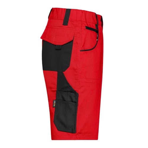 Red and black polyester-cotton blend work shorts with multiple pockets.