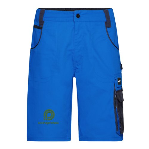 Blue polyester-cotton blend work shorts with pockets.