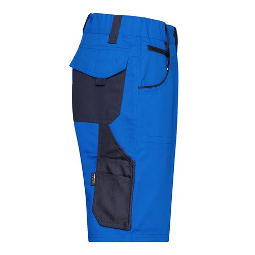 Blue/Navy polyester-cotton work shorts with multiple pockets.