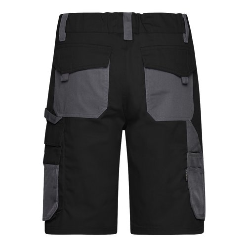 Black and gray polyester-cotton blend work shorts with multiple pockets.