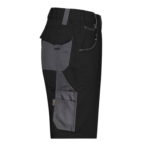 Black and grey polyester-cotton work shorts with multiple pockets.