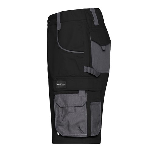 Black and gray work shorts made of polyester-cotton blend with multiple pockets.