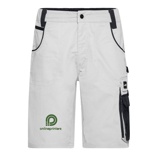 White and grey work shorts made of polyester-cotton blend with multiple pockets.