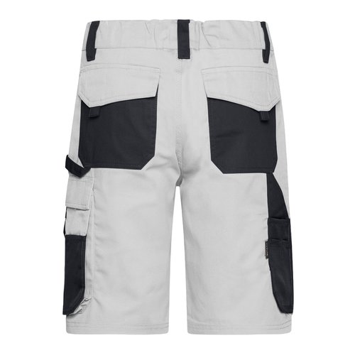 White and gray polyester-cotton blend work shorts with multiple pockets.