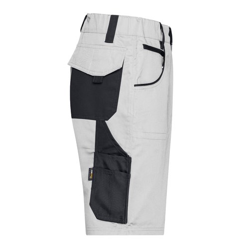 Gray and white cotton-polyester shorts with pockets.