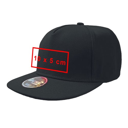 Black fabric cap with flat brim and adjustable closure.