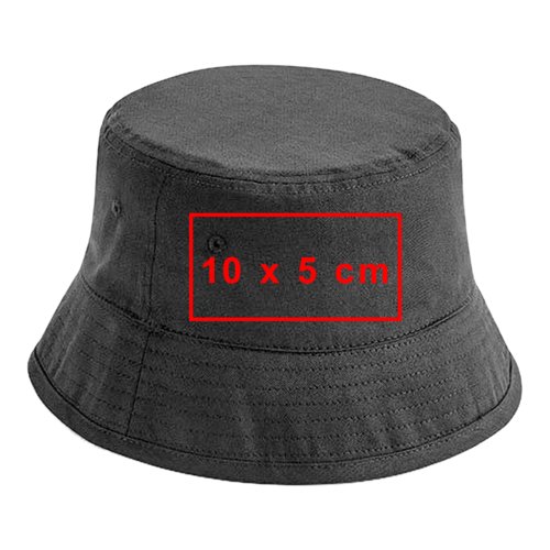 Gray fabric bucket hat with all-around brim.