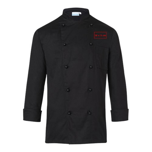 Black fabric chef jacket with long sleeves and a breast pocket.