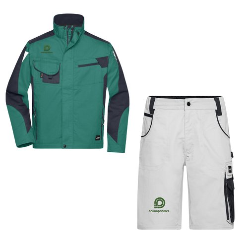 Green and white workwear with pockets.