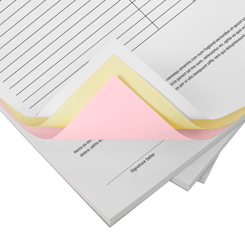 Three carbonless form stacks in landscape format in pink, yellow and white with two-hole punching on the left