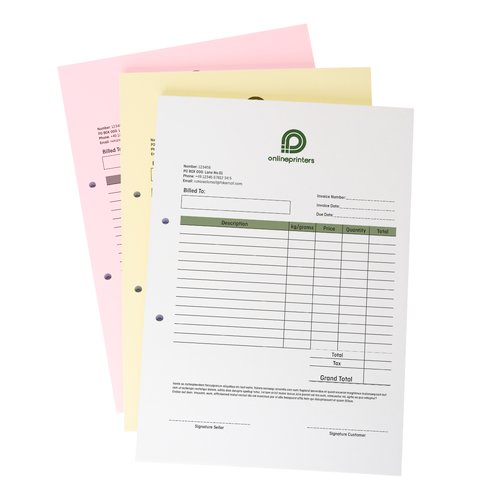 Two carbonless form stacks in portrait format with two-hole punching