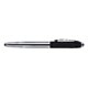 Metal-colored rollerball pen with soft surface and clip.